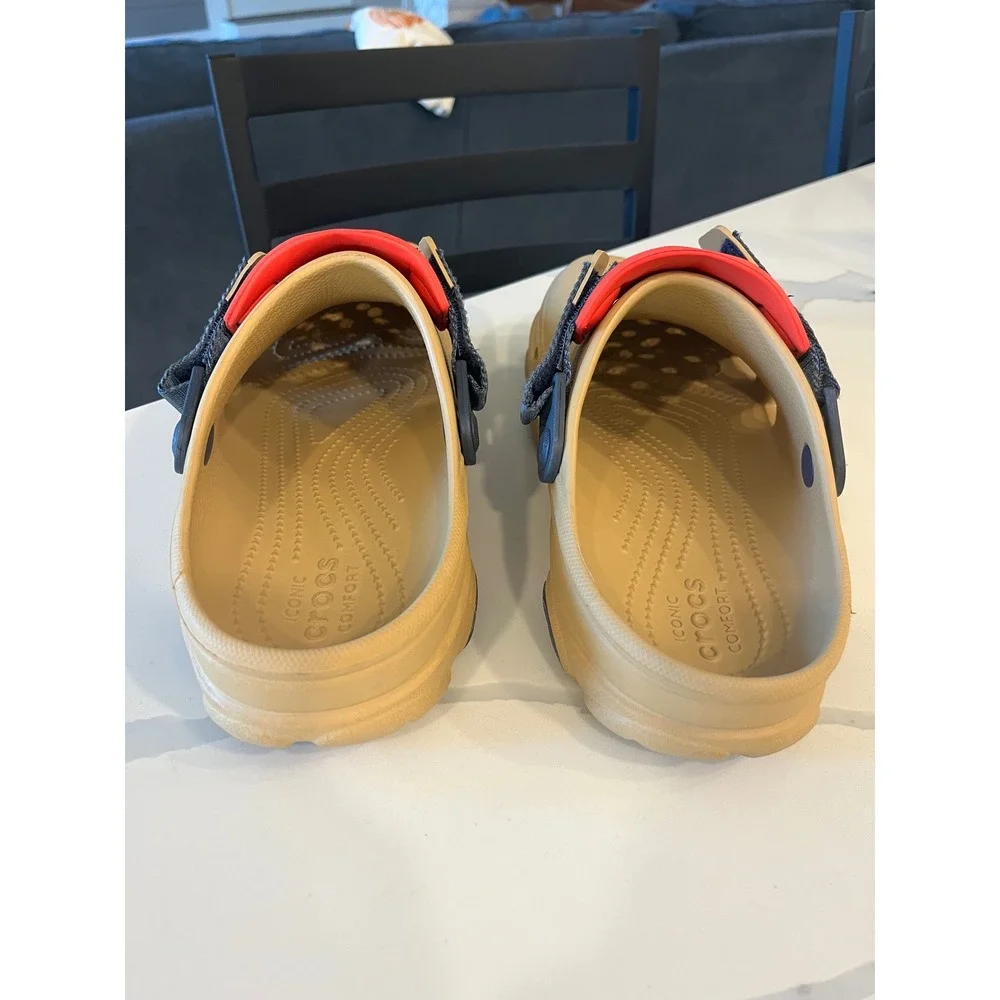 Crocs Classic Tan Clogs Red Blue Strap Comfort Slip On Shoes Men Women Size 9 11